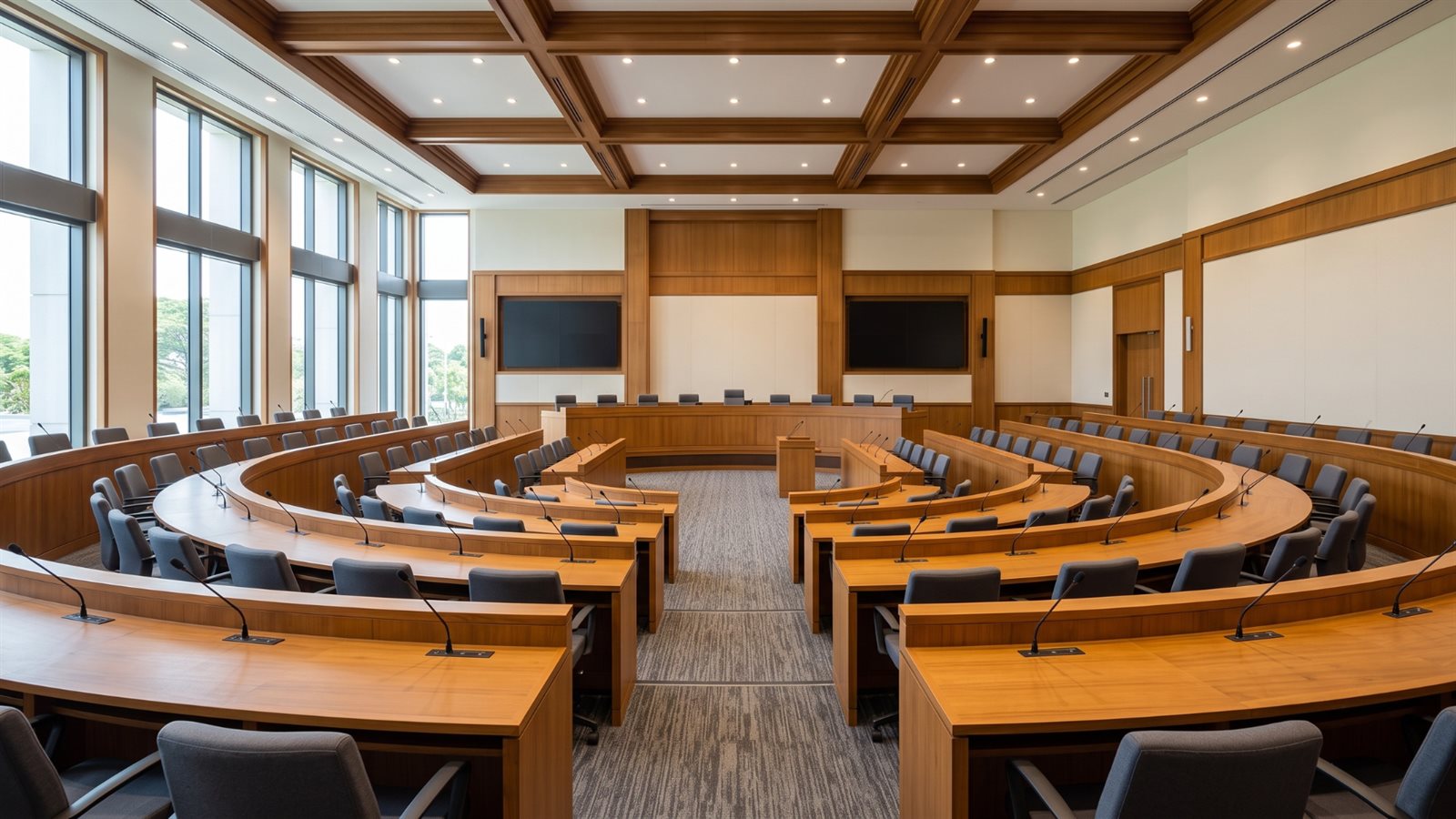 ห้องประชุมสภาและห้องพิจารณา — ไมค์ประจำที่หลายตัว หลายจอ